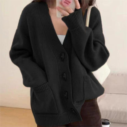 XIEYINSHE Korean version V-neck horn buckle knitted cardigan top New autumn and winter new soft waxy loose outer sweater women's coat