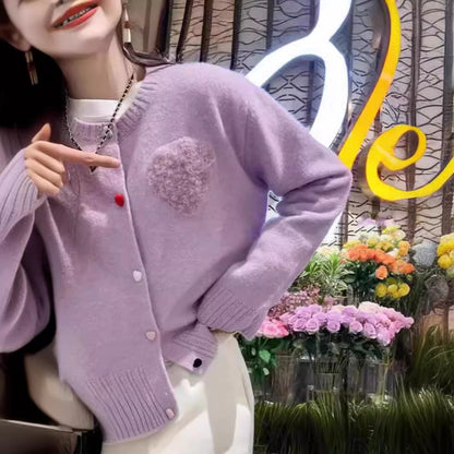 XIEYINSHE Early spring new gentle and sweet loose knitted loose love buckle cardigan women's versatile and thin round neck short top