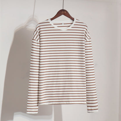 XIEYINSHE Cross-border, long-sleeved striped T-shirt, 2025 New spring fashion trend versatile casual round neck pure cotton striped T-shirt