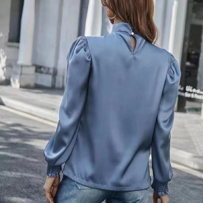 XIWYINSHE Cross Border New Commuter Silky Satin Solid Color Pleating round Neck Loose Long Sleeve Top Blouse