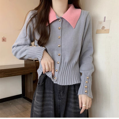 XIEYINSHE Korean contrasting color Polo lapel knitted sweater cardigan women's autumn and winter New new slim-fitting and thin short top