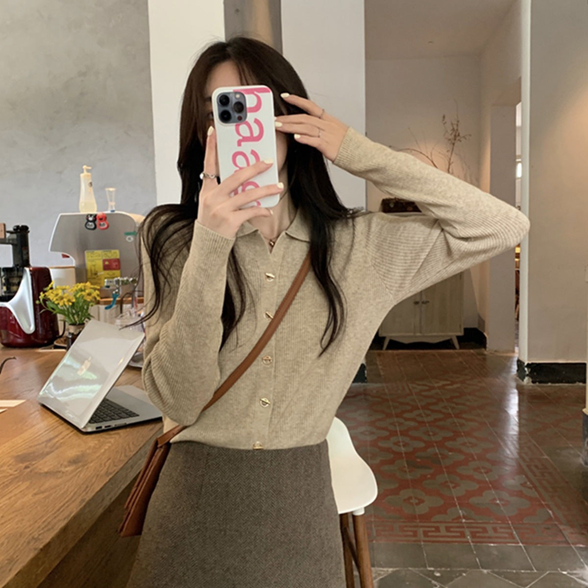 XIEYINSHE New Spring and Autumn POLO Neck Knitted Cardigan Top Korean Simple Fashion Slim-fit Solid Color Sweater Women's Single Wear Outside