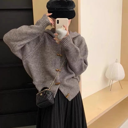 XIEYINSHE Spot autumn and winter hooded knitted sweater top solid color women's version lazy style solid color loose casual sweater cardigan jacket