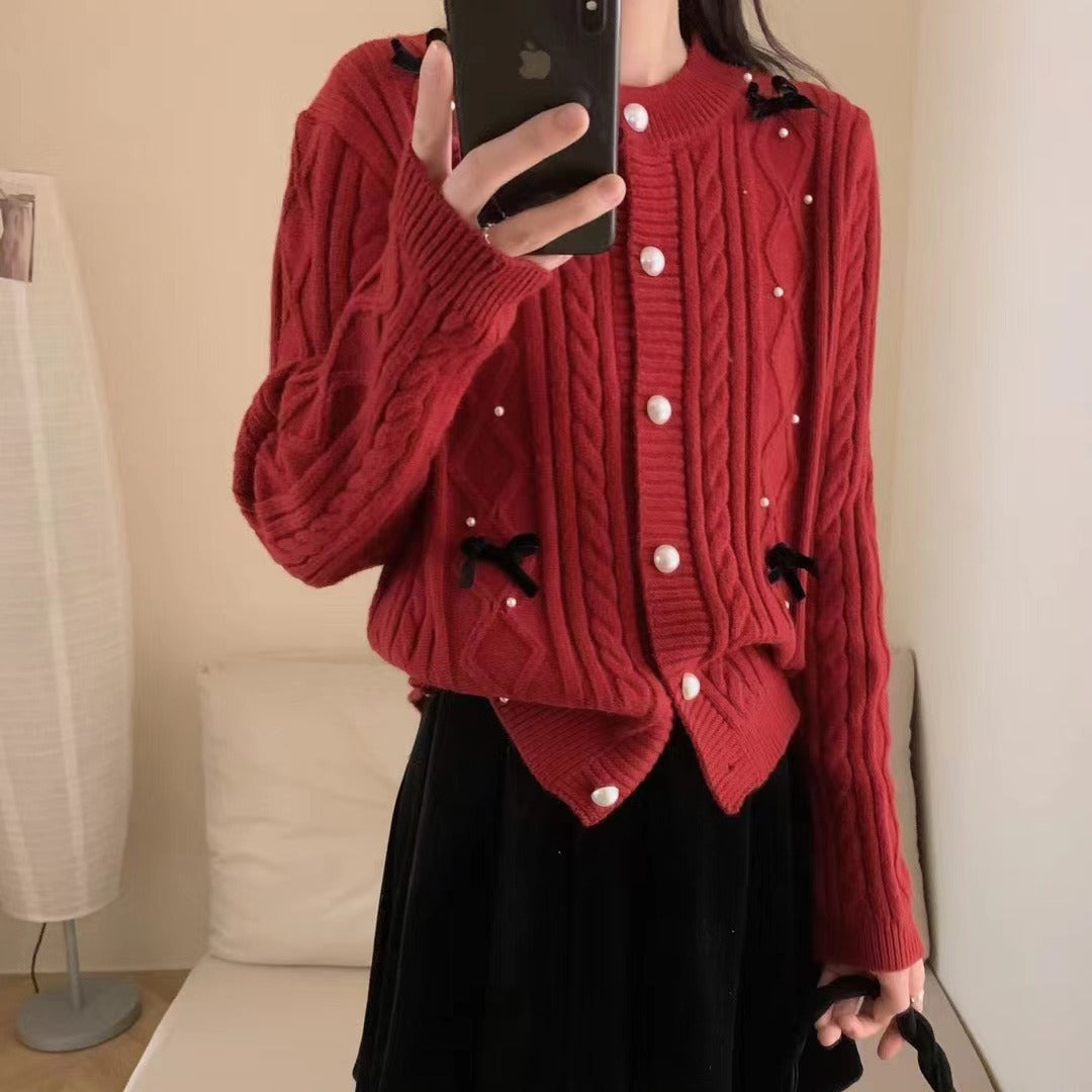 XIEYINSHE Autumn new product red soft waxy beaded sweater sweet knitted cardigan high-end twist short versatile coat women