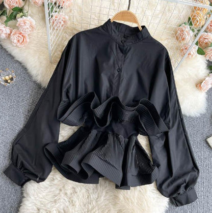 XIWYINSHE European and American Ins Top Women's Design Sense Niche Heavy Industry Pleated Ruffled Waist-Tight Temperament Wild Women's Shirt Fashion