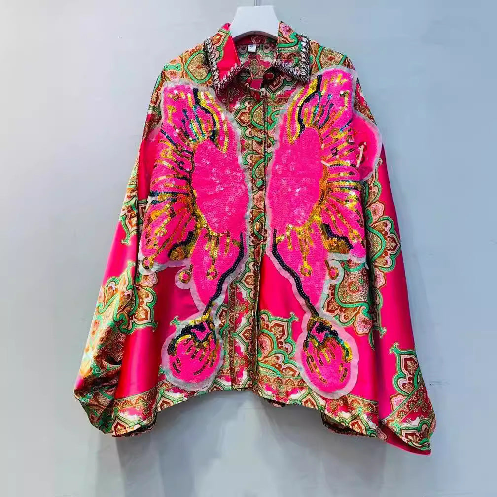 XIWYINSHE Thai Fashion Brand  Spring New Retro Printed Shirt Women's Clothing Beaded Sequins All-Matching Loose Shirt Outerwear