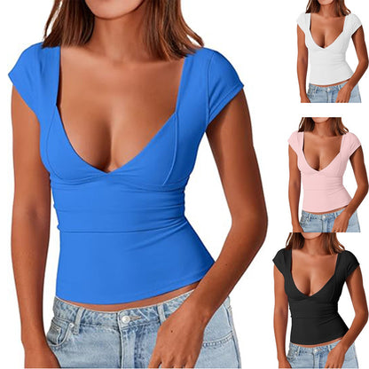 XIEYINSHE  Cross-Border Fashion Queen Women's Sexy Deep V-neck Backless Top Short Sleeve Slim Fit T-shirt Basic