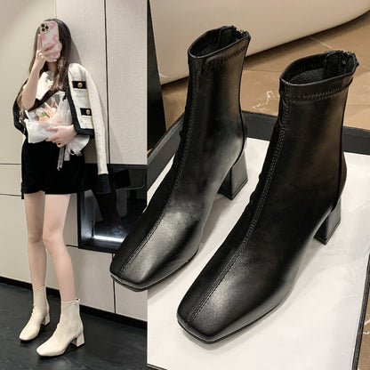 Southeast Asia Fashion Short Boots  Autumn and Winter New Korean Style Women's Martin Boots Square Toe Chunky Heel Casual Leather Boots