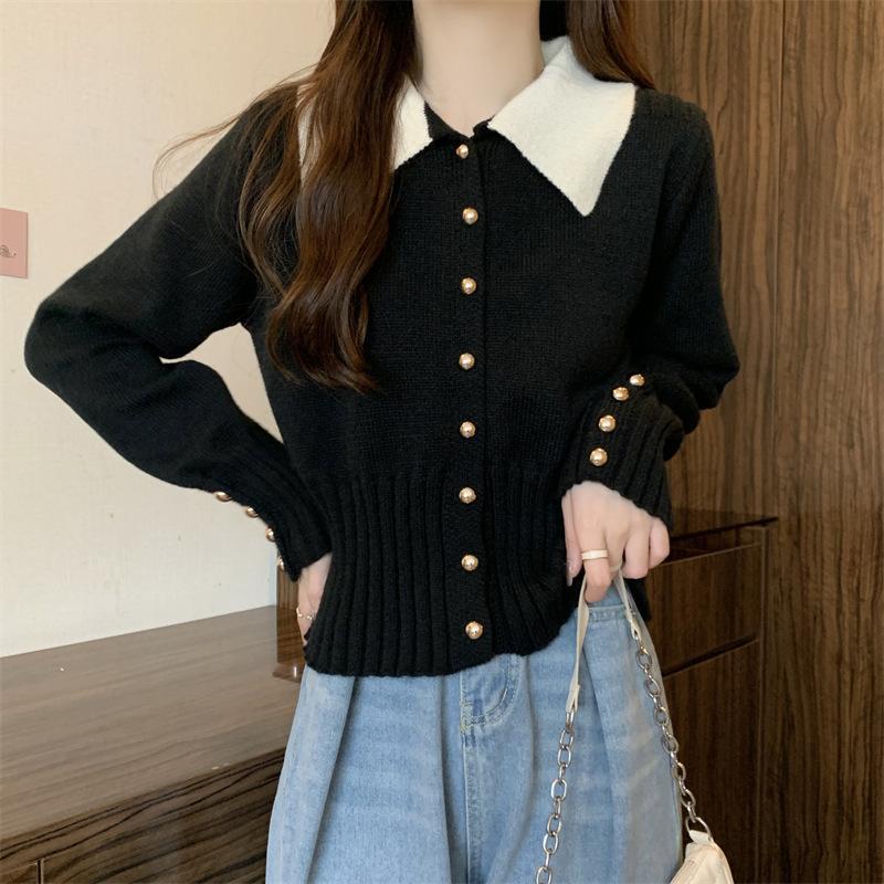 XIEYINSHE Korean contrasting color Polo lapel knitted sweater cardigan women's autumn and winter New new slim-fitting and thin short top