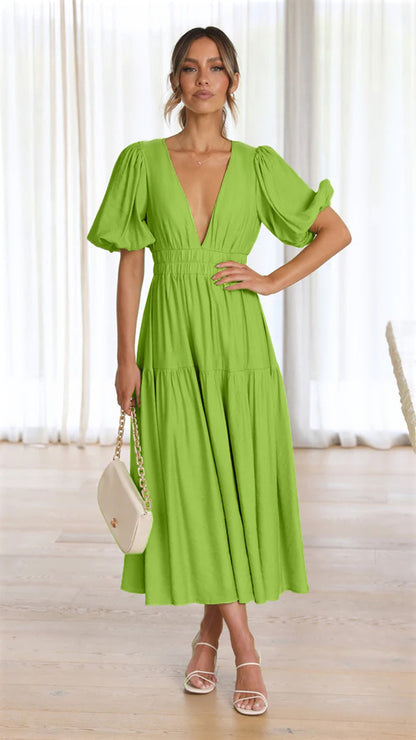 23 Years European and American Foreign Trade Casual Fashion Trends Summer  V-neck Tight Waist Mid-Length Dress 23047