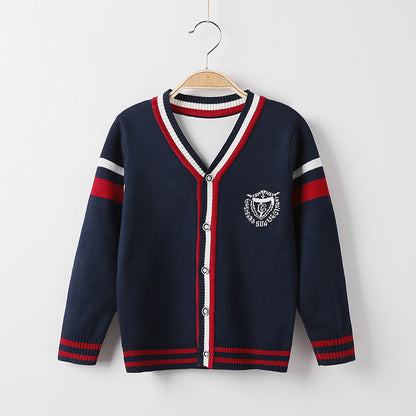 Boys sweater 2024 new handsome knitted sweater cardigan jacket thread coat spring and autumn boys and children wear college style