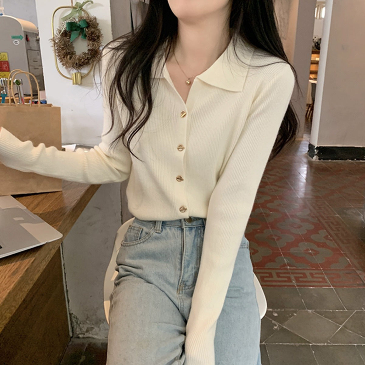 XIEYINSHE New Spring and Autumn POLO Neck Knitted Cardigan Top Korean Simple Fashion Slim-fit Solid Color Sweater Women's Single Wear Outside