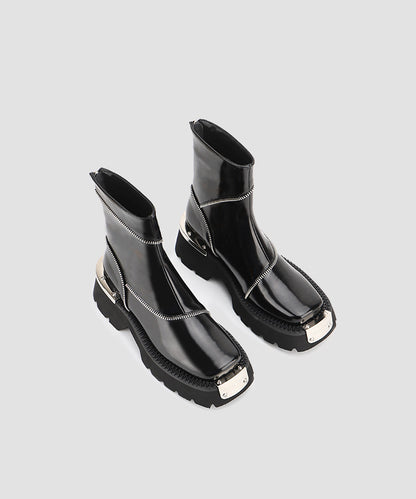 Chunky Heel Platform Back Zipper Trendy Cool Motorcycle Boots Women  New Square Toe English Style Martin Boots Single Boots Women