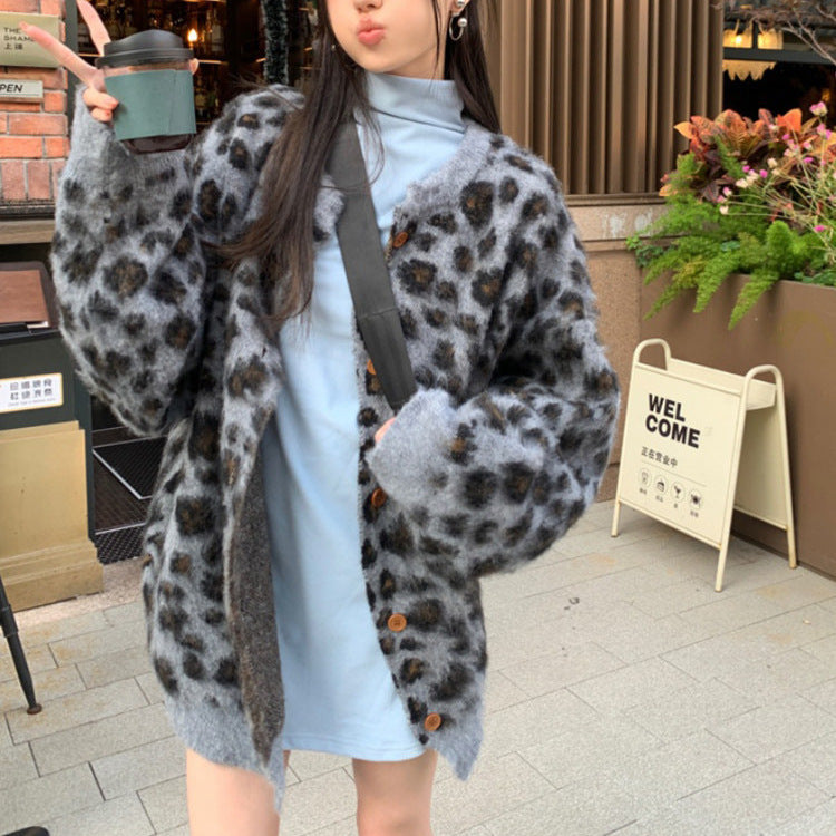 XIEYINSHE American leopard print jacquard sweater jacket women's New autumn and winter retro style loose and thickened fashion casual knitted cardigan