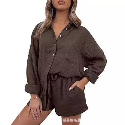 XIWYINSHE in Stock New Cross-Border European and American Women's Clothing Champray Lapel Long Sleeve Shirt High Waist Shorts Fashion Casual Set