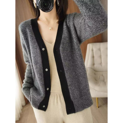 XIEYINSHE Lazy wind loose color matching knitted cardigan jacket women's New new v-neck age-reducing outer sweater top tide