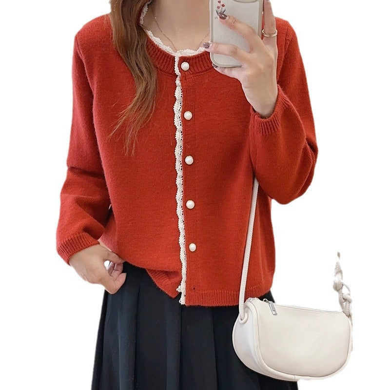 XIEYINSHE Autumn and winter crew neck casual knitted jacket versatile pearl buckle fresh and sweet college style sweater cardigan top women