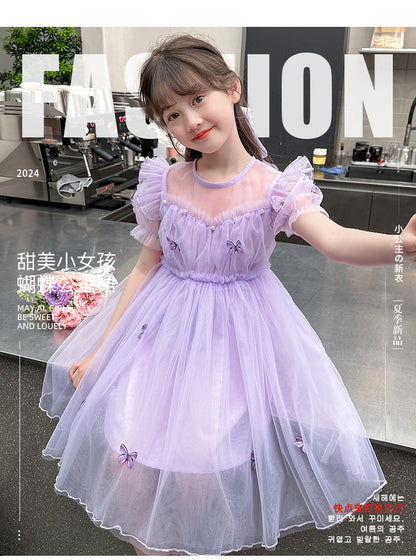 XIEYINSHE Summer New Girl Fashionable Dress Children and Teens Princess Dress Gauze Skirt Performance Wear Little Girl Skirt