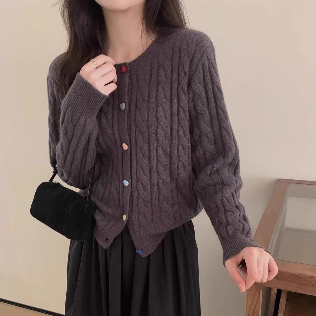 XIEYINSHE New Korean version of spring new solid-color round neck knitted cardigan colored love buckle soft waxy loose sweater women's top