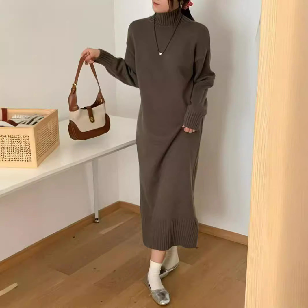 XIEYINSHE 2025With a coat over the knee in autumn and winter, a long inner turtleneck sweater skirt, a loose and lazy wind split-ended knitted bottoming dress