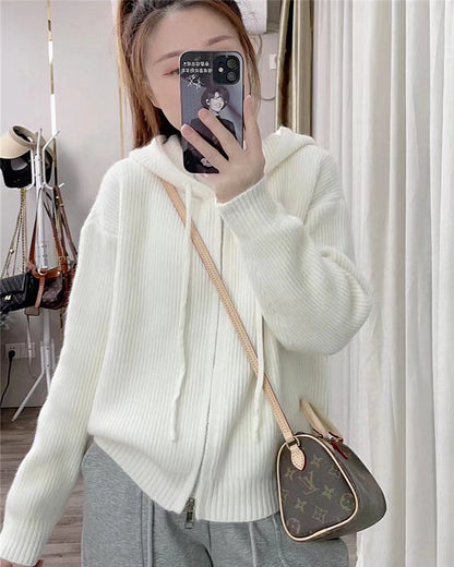 XIEYINSHE Hooded double zipper knitted cardigan autumn and winter new lazy style solid color top women's loose version thickened sweater jacket