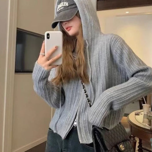 XIEYINSHE Hooded short knitted cardigan women's small sweater jacket spring and autumn Korean design sense double zipper fashion short