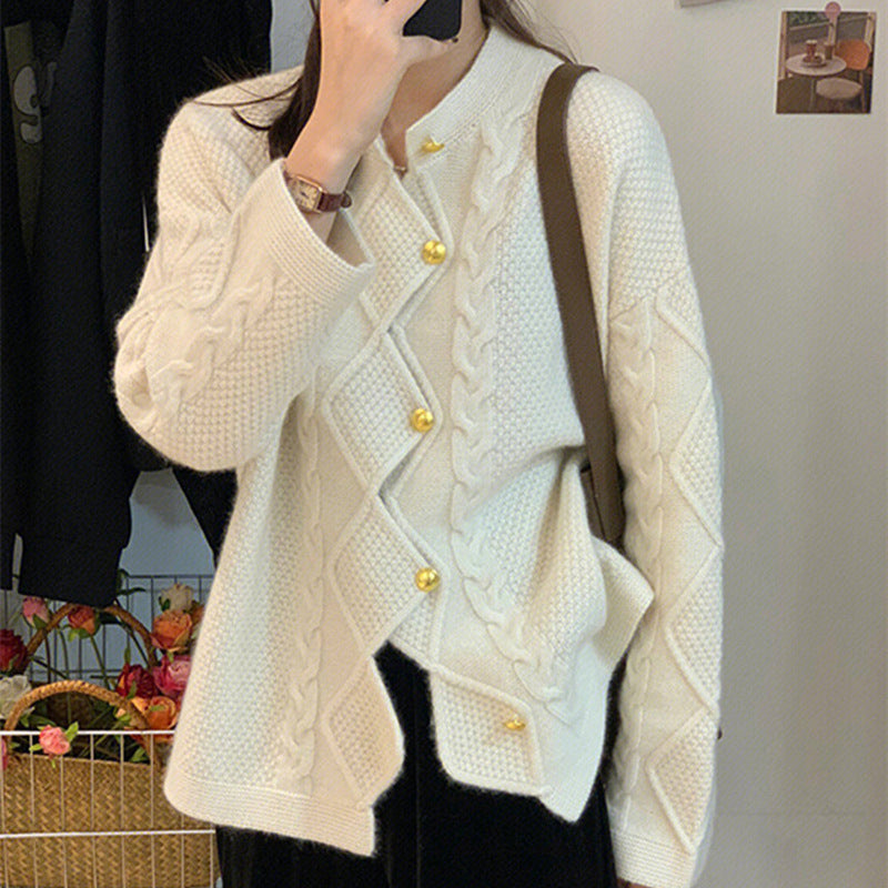 XIEYINSHE Lazy wind irregular twist light luxury Korean retro cardigan sweater women's spring new foreign style top knitted sweater