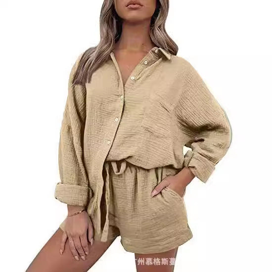 XIWYINSHE in Stock New Cross-Border European and American Women's Clothing Champray Lapel Long Sleeve Shirt High Waist Shorts Fashion Casual Set