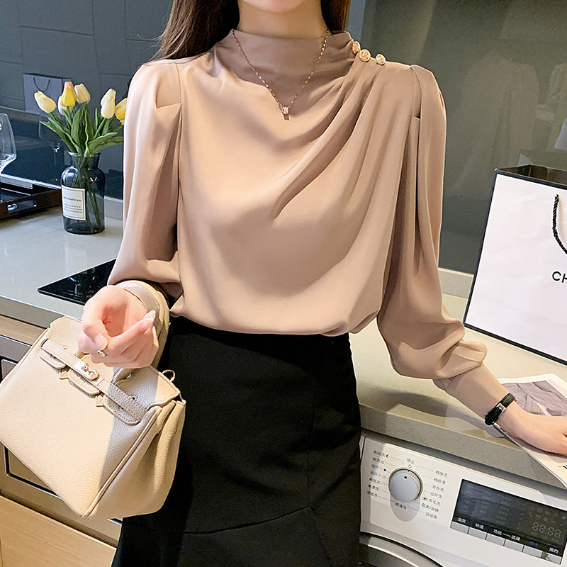 XIWYINSHE Foreign Trade Supply  Spring Young Graceful Stand Collar Pleated Lantern Sleeve Fashion Long Sleeve Top Loose Shirt Women