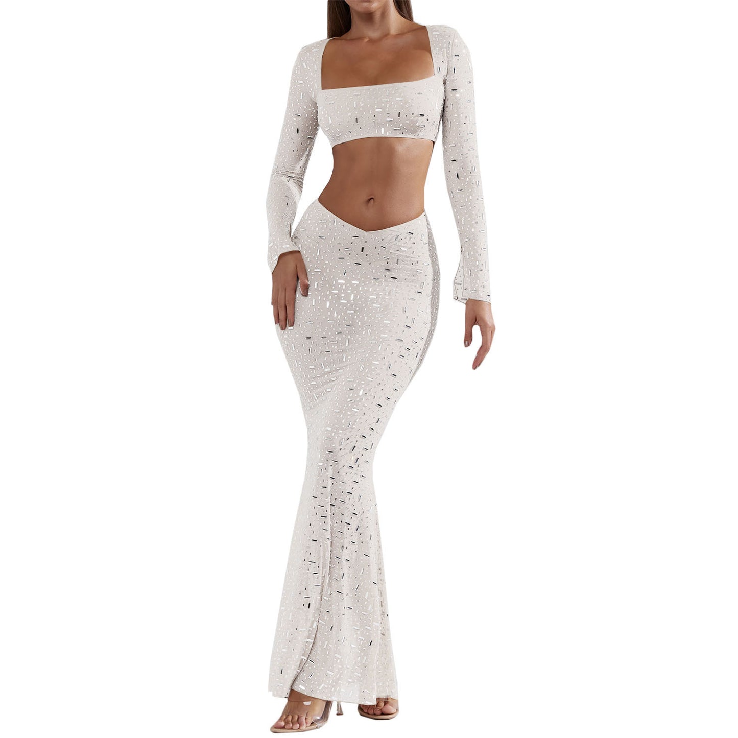 2024   Hot Selling Women's Wear Long Dress Sexy Rhinestone Top Fishtail Skirt Dress Suit