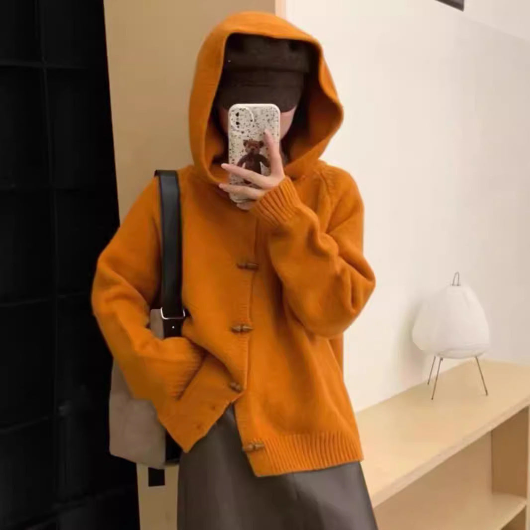 XIEYINSHE Spot autumn and winter hooded knitted sweater top solid color women's version lazy style solid color loose casual sweater cardigan jacket