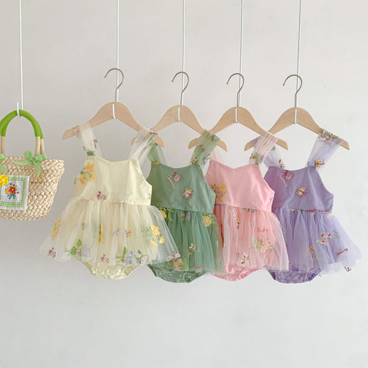 2024 Girls' Korean Style Sleeveless Jumpsuit Infant Embroidery Baby Bodysuit Mesh Princess Dress Newborn 100 Days Dress