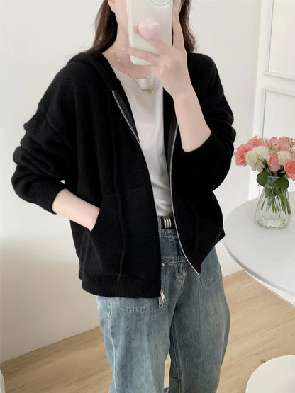 XIEYINSHE Autumn and winter new solid color hooded pocket knitted cardigan jacket double zipper casual lazy wind sweater top women