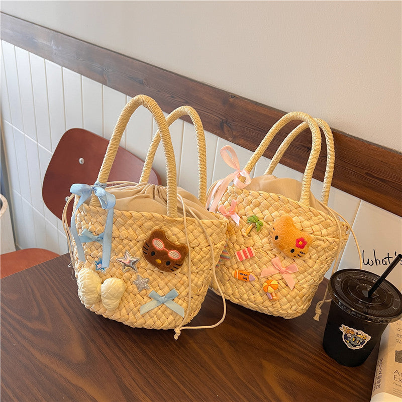 XIEYINSHE Straw Bag Bag Women's Summer Woven Bag Women's Seaside Drawstring Hand-Carrying Bag Korean Style Versatile Vegetable Basket Bag