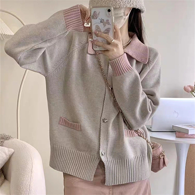 XIEYINSHE Autumn and winter new contrasting color lapel small fragrant knitted sweater jacket women's gentle wind versatile cardigan top women's trend