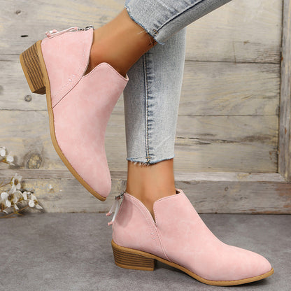 British Style Bootie Pointed Martin Boots  Cross-Border Foreign Trade Large Size Thick Heel after Zipper Thin Shoes Factory Wholesale