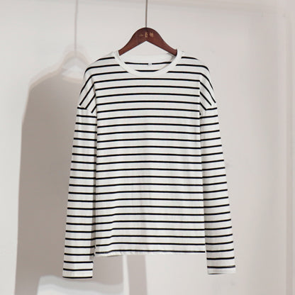 XIEYINSHE Cross-border, long-sleeved striped T-shirt, 2025 New spring fashion trend versatile casual round neck pure cotton striped T-shirt