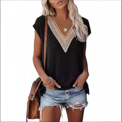 XIEYINSHE  T-shirt New V-neck Lace Stitching Short Sleeve Casual Loose Top   European and American Summer Fashion Women's Wear