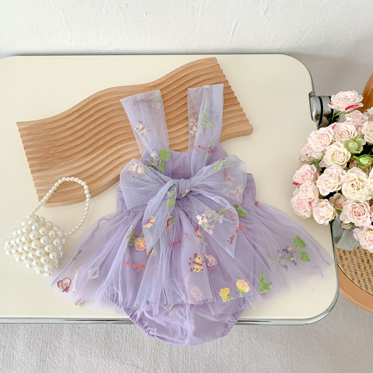 2024 Girls' Korean Style Sleeveless Jumpsuit Infant Embroidery Baby Bodysuit Mesh Princess Dress Newborn 100 Days Dress