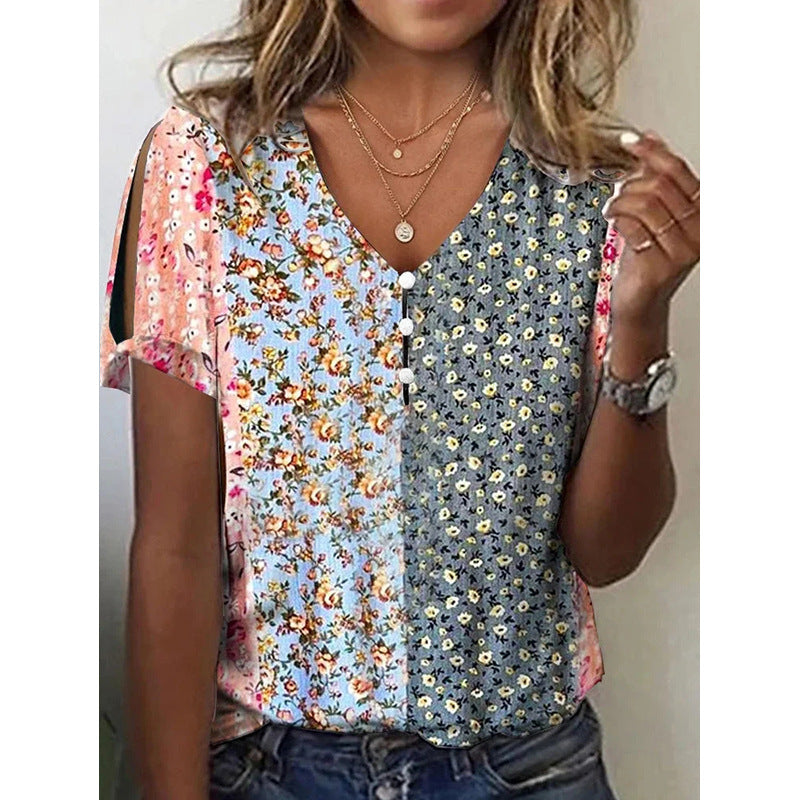 Independent Station    Cross Border Foreign Trade Summer Ethnic Style Positioning Printed Short-Sleeved Top Female