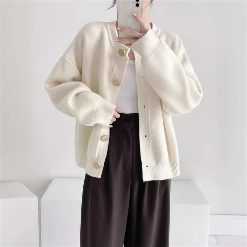 XIEYINSHE Solid color knitted sweater jacket cardigan women's design sense single-breasted autumn and winter lazy loose round neck autumn and winter top tide