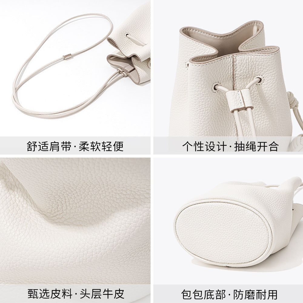 xieyinshe Korean Style Niche Drawstring Bucket Bag  New Ins Genuine Leather Messenger Bag Women's Simple First Layer Cowhide Leather Single-Shoulder Bag