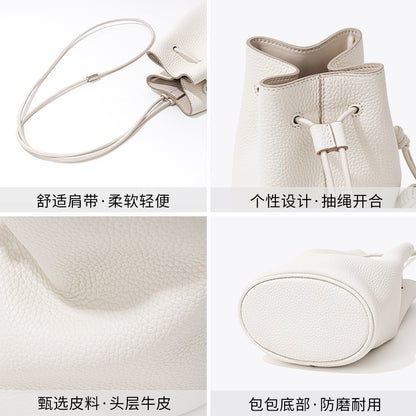 xieyinshe Korean Style Niche Drawstring Bucket Bag  New Ins Genuine Leather Messenger Bag Women's Simple First Layer Cowhide Leather Single-Shoulder Bag