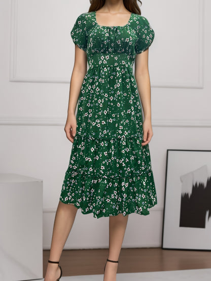 2019 European and American New  Wish  Hot Square Collar Puff Sleeve Floral Dress Long Dress