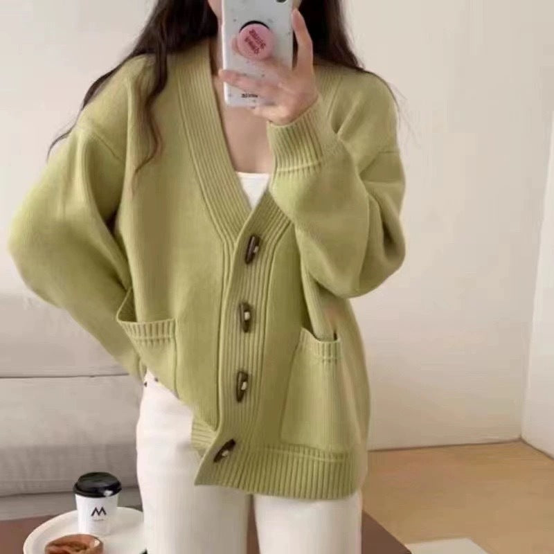 XIEYINSHE Korean version V-neck horn buckle knitted cardigan top New autumn and winter new soft waxy loose outer sweater women's coat