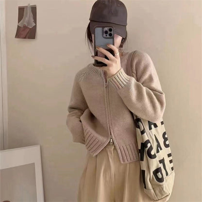 XIEYINSHE Short sweater jacket women's clothing autumn and winter new loose casual style thin double zipper knitted cardigan long-sleeved top