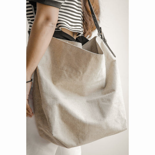 XIEYINSHE Export Foreign Trade Niche Half-Handmade Linen Bag with Cowhide Ins Blogger Lightweight Artistic Style Shoulder Tote Bag