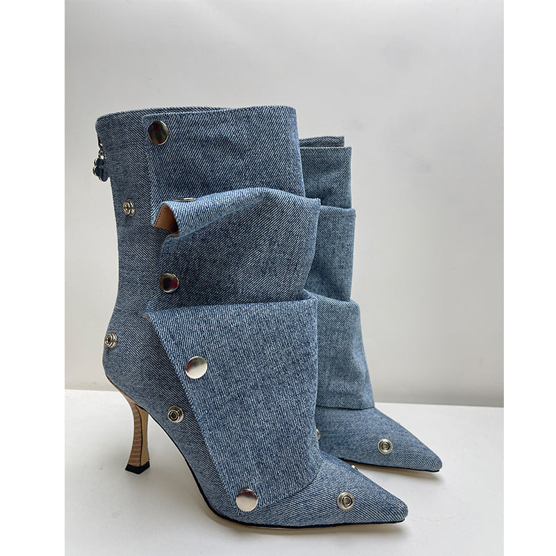 HOTan and NEWn Foreign Trade Women's Shoes New High Heel Pointed-Toe Metal Rivet Denim Stitching Two Wear Pile Style plus Size Short Boots