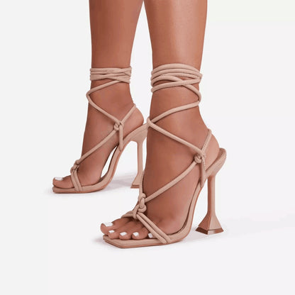 Summer plus Size Sandals Female Square Toe Solid Color Ankle Ring Bandage Cloth European and American Sexy Fashion High Heels