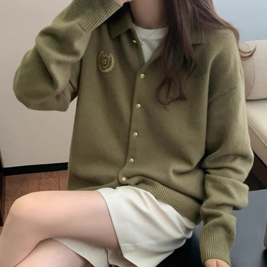 XIEYINSHE College style POLO neck embroidered sweater jacket women's autumn casual loose retro loose lazy style knitted sweater top